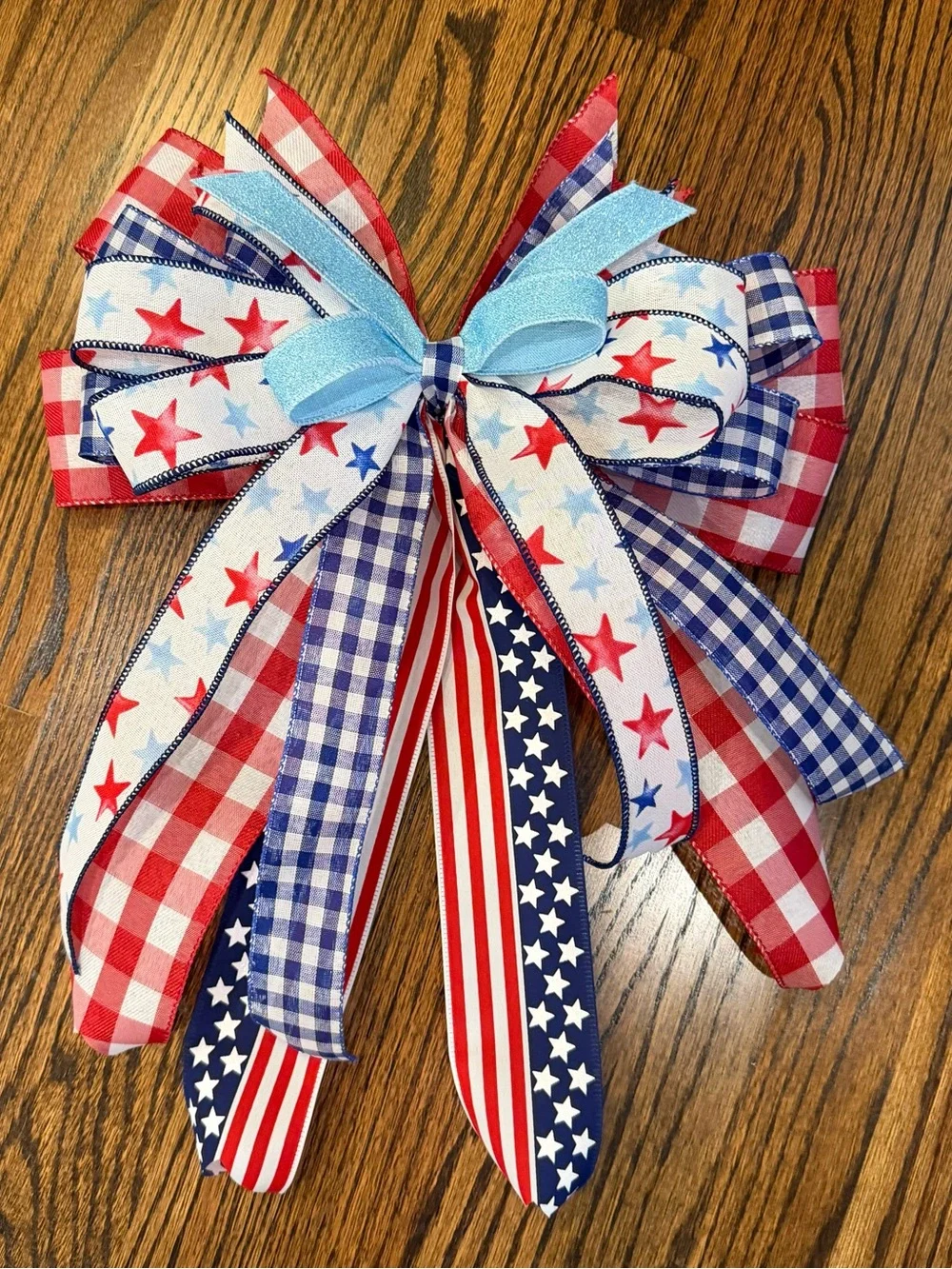 Patriotic Star & Gingham Ribbon Bow Accent - Red, White & Blue